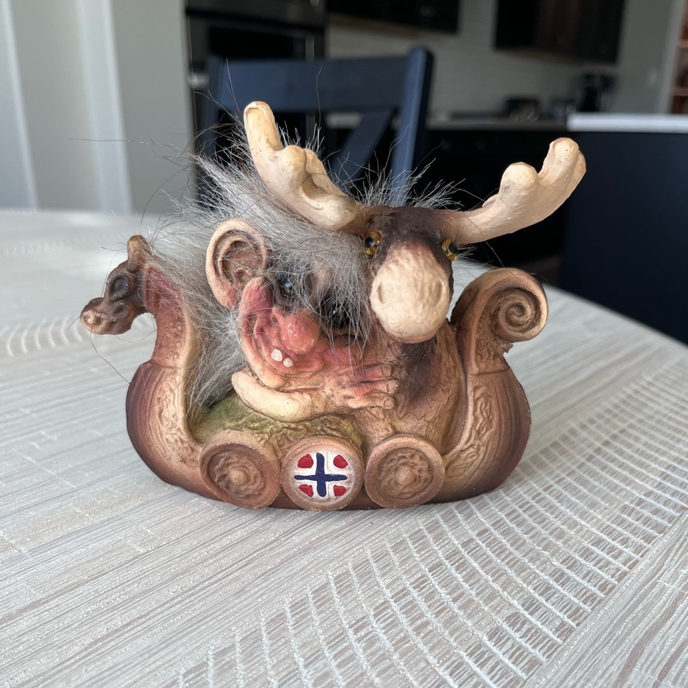 Nyform Collectible Norwegian Troll and Moose in a Viking Ship
